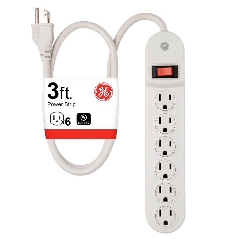 GE 6 Outlet Power Strip with 3 Foot Long Extension Cord, Indoor Power Strip, Twist to Close Safety Outlet Covers, Wall Mount, 3 Prong, UL Listed, White, 55248 - Image 1